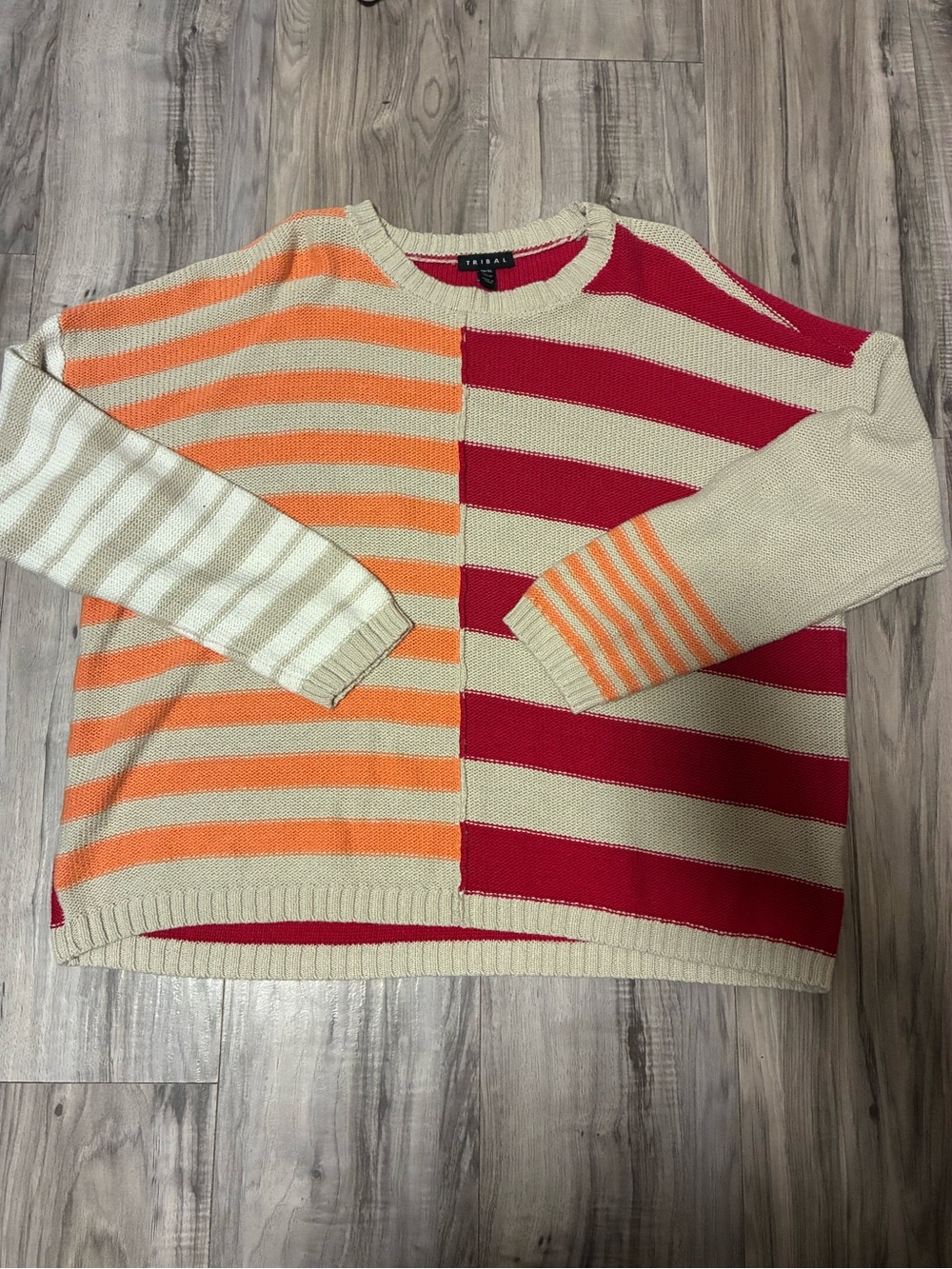 Striped Crewneck Sweater in Cream, Orange & Pink